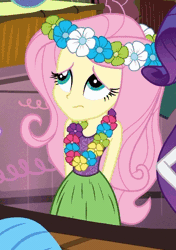 Size: 378x536 | Tagged: safe, derpibooru import, screencap, fluttershy, rarity, twilight sparkle, equestria girls, rainbow rocks, shake your tail, animated, clothes, cute, flower, flower in hair, gif, grass skirt, hulalight, hularity, hulashy, shyabetes, skirt