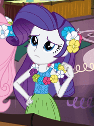 Size: 424x567 | Tagged: safe, derpibooru import, screencap, fluttershy, rarity, equestria girls, rainbow rocks, shake your tail, animated, clothes, flower, flower in hair, gif, grass skirt, hularity, hulashy, skirt