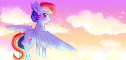 Size: 2500x1200 | Tagged: artist:shiny-cooler, chest fluff, cloud, derpibooru import, flying, rainbow dash, safe, solo, sunset