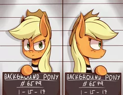 Size: 2600x2000 | Tagged: applejack, artist:malphee, background pony, background pony applejack, clothes, derpibooru import, high res, mugshot, prison outfit, prison stripes, safe, solo