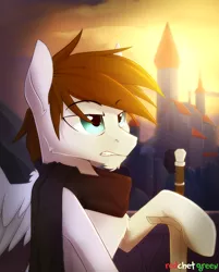 Size: 1500x1864 | Tagged: safe, artist:redchetgreen, derpibooru import, oc, unofficial characters only, pegasus, pony, brown hair, castle, clothes, male, scarf, signature, solo, stallion, sun, sunset, sword, weapon