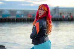 Size: 5184x3456 | Tagged: safe, artist:maddymoiselle, derpibooru import, sunset shimmer, human, equestria girls, absurd resolution, clothes, cosplay, costume, irl, irl human, jacket, ocean, photo, solo, water, wig