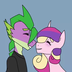 Size: 844x844 | Tagged: adult spike, artist:moonakart13, artist:moonaknight13, blushing, clothes, crack shipping, derpibooru import, eyes closed, freckles, happy, infidelity, interspecies, male, nuzzling, older, princess cadance, safe, shipping, shirt, simple background, smiling, spike, spikedance, spikelove, straight
