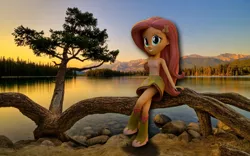 Size: 2560x1600 | Tagged: safe, artist:efk-san, derpibooru import, fluttershy, equestria girls, 3d, boots, breasts, clothes, crossed legs, female, forest, high heel boots, lake, mountain, rock, skirt, socks, solo, sunset, tanktop, tree