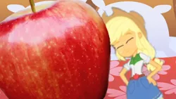 Size: 1366x768 | Tagged: safe, artist:jakewhyman, derpibooru import, applejack, oc, oc:appul, equestria girls, alternate universe, apple, bed, cute, eqg promo pose set, equestria girls: the parody series, eyes closed, food, happy, jackabetes, sleeping, that pony sure does love apples, who's a silly human