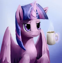 Size: 2082x2115 | Tagged: safe, artist:camyllea, derpibooru import, twilight sparkle, twilight sparkle (alicorn), alicorn, pony, coffee, cup, glowing horn, gradient background, grumpy, lidded eyes, magic, morning ponies, simple background, solo, unamused