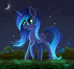 Size: 2000x1875 | Tagged: safe, artist:duskie-06, derpibooru import, oc, oc:stellarium, unofficial characters only, butterfly, pony, unicorn, constellation, crescent moon, female, grass, looking at you, mare, moon, night, open mouth, raised hoof, smiling, solo, starry night, stars