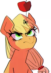 Size: 1133x1600 | Tagged: angry, annoyed, apple, applejack, artist:asianpony, chromatic aberration, derpibooru import, food, hatless, irritated, looking up, missing accessory, my little brony risovach, safe, simple background, solo, spider, upset, white background