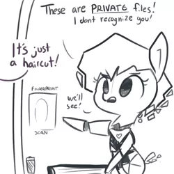 Size: 1080x1080 | Tagged: safe, artist:tjpones, derpibooru import, oc, unofficial characters only, pony, robot, artificial intelligence, battery, comic, computer, dialogue, fingerprint scanner, grayscale, guard, monochrome, offscreen character, simple background, solo, suspicious, white background