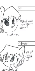 Size: 1080x2160 | Tagged: safe, artist:tjpones, derpibooru import, oc, unofficial characters only, pony, robot, artificial intelligence, blushing, butts, comic, dialogue, grayscale, monochrome, search engine, simple background, solo, white background