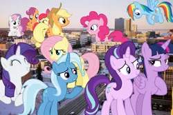 Size: 3872x2592 | Tagged: safe, artist:logan859, derpibooru import, apple bloom, applejack, fluttershy, pinkie pie, rainbow dash, rarity, scootaloo, starlight glimmer, sweetie belle, trixie, twilight sparkle, twilight sparkle (alicorn), alicorn, pony, alaska, anchorage, counterparts, cutie mark crusaders, giant pony, irl, macro, magical trio, mane six, photo, ponies in real life, twilight's counterparts