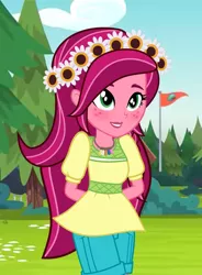 Size: 1988x2696 | Tagged: artist needed, safe, derpibooru import, gloriosa daisy, equestria girls, legend of everfree, blushing, clothes, cute, daisybetes, freckles, hands behind back, magical geodes, scenery, shorts, solo