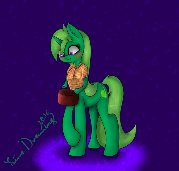 Size: 1387x1321 | Tagged: safe, artist:limedreaming, derpibooru import, oc, oc:lime dream, unofficial characters only, anthro, centaur, unicorn, basket, clothes, female, mare, solo