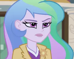 Size: 1155x909 | Tagged: safe, derpibooru import, screencap, princess celestia, equestria girls, friendship games, celestia is not amused, cropped, principal celestia, solo, unamused