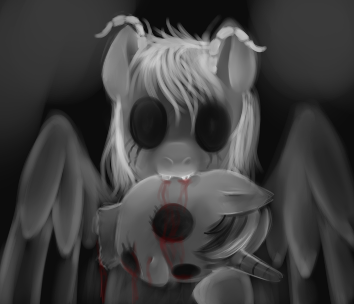 Size: 1750x1500 | Tagged: adoracreepy, anonymous artist, blood, creepy, death, decapitated, demon pony, derpibooru import, empty eyes, grimcute, grimdark, no catchlights, oc, severed head, unofficial characters only