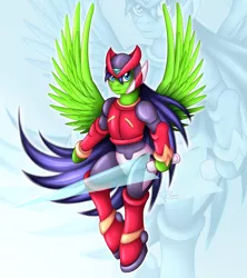 Size: 1600x1800 | Tagged: safe, artist:puggie, derpibooru import, oc, unofficial characters only, pegasus, pony, armor, bipedal, boots, clothes, commission, crossover, game, helmet, huge mane, megaman, megaman zero, simple background, solo, spread wings, sword, weapon, zero