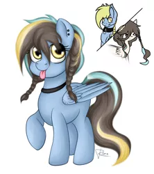 Size: 1600x1800 | Tagged: safe, artist:puggie, derpibooru import, oc, oc:nocona, oc:windswept skies, unofficial characters only, pegasus, pony, braid, charm, collar, crack shipping, drawing meme, ear piercing, foal, offspring, parents:oc x oc, piercing, shipping, simple background, tongue out, white background