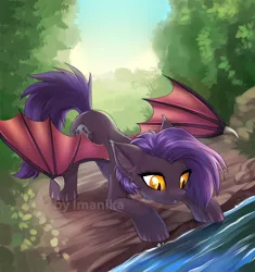 Size: 835x889 | Tagged: safe, artist:imanika, derpibooru import, oc, oc:dawn sentry, unofficial characters only, bat pony, pony, commission, female, mare, river, slit eyes, solo, spread wings, watermark, ych result, yellow eyes