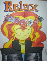 Size: 2604x3319 | Tagged: safe, artist:missmayaleanne, derpibooru import, sunset shimmer, equestria girls, floral head wreath, flower, flower in hair, motivational, solo, traditional art