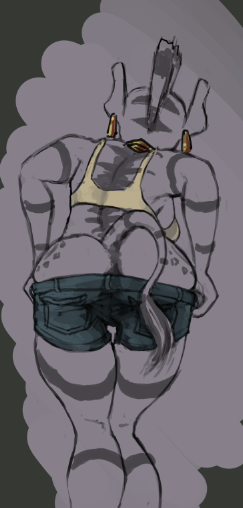 Size: 243x508 | Tagged: anthro, artist:adolphbartels, ass, clothes, daisy dukes, derpibooru import, ear piercing, earring, female, jewelry, necklace, piercing, questionable, shorts, simple background, solo, solo female, undressing, zebra, zecora, zecorass