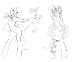 Size: 990x816 | Tagged: safe, artist:kamicheetah, derpibooru import, photo finish, trixie, anthro, earth pony, unguligrade anthro, unicorn, armpits, hat, monochrome, simple background, white background