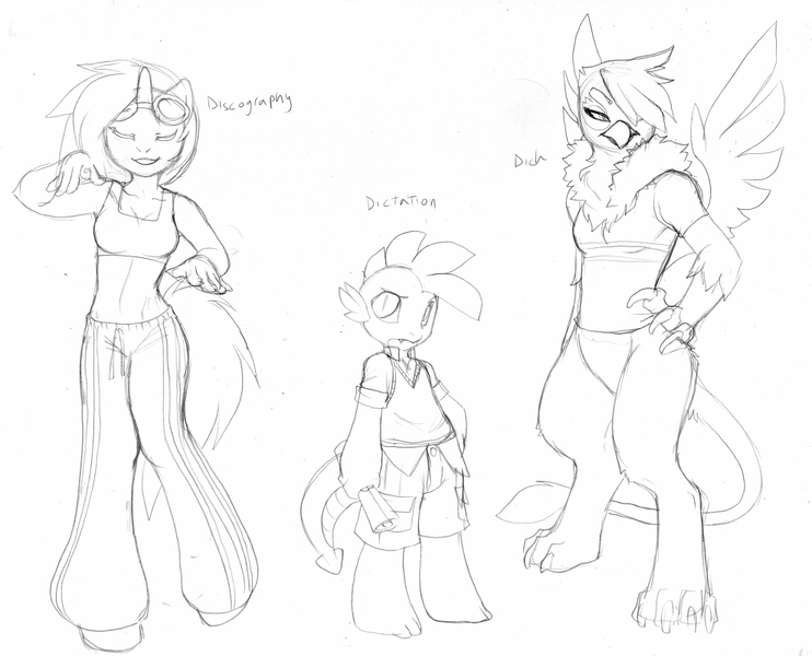 Size: 990x801 | Tagged: safe, artist:kamicheetah, derpibooru import, gilda, spike, vinyl scratch, anthro, dragon, gryphon, unguligrade anthro, unicorn, claws, midriff, monochrome, paws