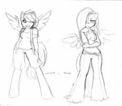 Size: 990x866 | Tagged: anthro, artist:kamicheetah, derpibooru import, fluttershy, monochrome, pegasus, rainbow dash, safe, unguligrade anthro