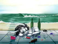 Size: 2893x2199 | Tagged: alternate version, artist:helloiamyourfriend, beer bottle, bottle, confetti, derpibooru import, donkey, donkey oc, empty bottles, oc, oc:dinnea, paper cup, safe, sleeping, solo, unofficial characters only, wave, wine bottle, wine glass