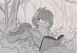 Size: 2150x1475 | Tagged: safe, artist:yakovlev-vad, derpibooru import, oc, unofficial characters only, pegasus, pony, swan, book, commission, female, fluffy, forest, mare, monochrome, nature, patreon reward, prone, reading, scenery, sketch, smiling, solo, tree, underhoof