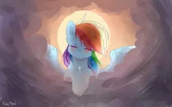 Size: 1980x1224 | Tagged: artist:kate-titan-mrak, cloud, cross, derpibooru import, eyes closed, fluffy, rainbow dash, safe, scene interpretation, smiling, solo, the ticket master