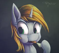 Size: 1375x1250 | Tagged: safe, artist:ferasor, derpibooru import, oc, oc:littlepip, unofficial characters only, pony, unicorn, fallout equestria, fanfic, abstract background, bust, drumstick, fanfic art, female, food, hooves, horn, mare, meat, ponies eating meat, portrait, solo