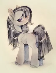 Size: 518x675 | Tagged: safe, artist:locksto, derpibooru import, marble pie, earth pony, pony, cute, dock, frown, looking at you, looking back, looking back at you, marblebetes, plot, sad, sadorable, solo, standing, traditional art, watercolor painting