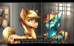 Size: 1024x640 | Tagged: angry, applejack, artist:bootsdotexe, bound wings, clothes, derpibooru import, frustrated, hoers, jail, prison, prisoner rd, prison outfit, rainbow dash, safe, smug, text, widescreen, window