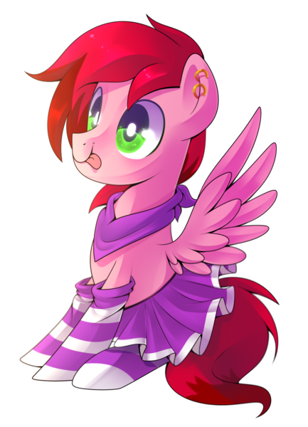 Size: 1748x2420 | Tagged: safe, artist:drawntildawn, derpibooru import, oc, oc:cotton candy, unofficial characters only, pegasus, pony, clothes, crossdressing, cute, ear piercing, earring, femboy, jewelry, male, piercing, simple background, skirt, socks, solo, stallion, striped socks, tongue out, transparent background, trap