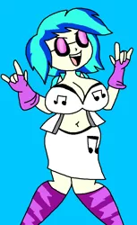 Size: 762x1243 | Tagged: suggestive, artist:portalmasterdan64, derpibooru import, vinyl scratch, equestria girls, belly button, big breasts, breasts, busty vinyl scratch, cleavage, female, midriff, open mouth, simple background, solo