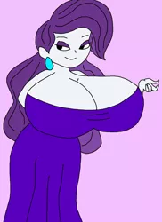 Size: 763x1048 | Tagged: suggestive, artist:portalmasterdan64, derpibooru import, rarity, equestria girls, bedroom eyes, big breasts, breasts, busty rarity, cleavage, female, huge breasts, impossibly large breasts, simple background, smiling, solo, solo female