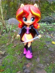 Size: 1944x2592 | Tagged: safe, derpibooru import, sunset shimmer, equestria girls, clothes, doll, equestria girls minis, eqventures of the minis, irl, photo, skirt, solo, sword, toy, weapon