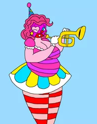 Size: 1821x2328 | Tagged: suggestive, artist:portalmasterdan64, derpibooru import, pinkie pie, equestria girls, breasts, busty pinkie pie, cleavage, clothes, clown, fat, female, gloves, hat, musical instrument, pudgy pie, simple background, solo, trumpet