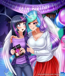 Size: 900x1050 | Tagged: suggestive, artist:racoonsan, derpibooru import, princess celestia, twilight sparkle, human, balloon, barely legal, bedroom eyes, big breasts, birthday, birthday gift, birthday party, blushing, book, breasts, busty princess celestia, busty twilight sparkle, canterlot, cleavage, clothes, curvy, eye contact, eyeshadow, female, horned humanization, hug, humanized, imminent sex, kamasutra, lesbian, licking, licking lips, looking at each other, makeup, open mouth, pants, party, praise the sun, present, shipping, skirt, smiling, stupid sexy celestia, surprised, tongue out, twilestia, wide eyes, wings