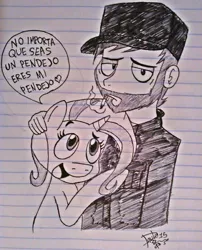 Size: 777x960 | Tagged: artist:suicidemachine363, derpibooru import, dialogue, duo, heart, human, lidded eyes, lined paper, looking at you, looking up, open mouth, safe, smiling, smoking, spanish, traditional art, trixie, vulgar