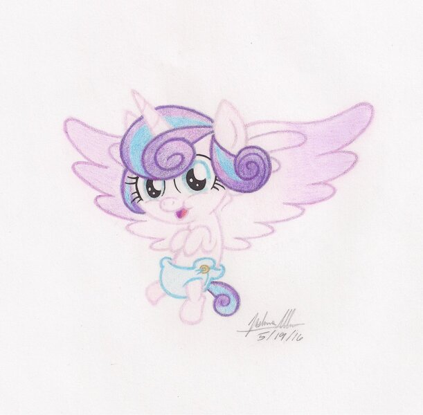 Size: 1024x1005 | Tagged: safe, artist:soulsliver249, derpibooru import, princess flurry heart, alicorn, pony, cloth diaper, diaper, drawing, open mouth, safety pin, solo, traditional art