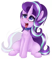 Size: 1378x1555 | Tagged: suggestive, artist:duop-qoub, derpibooru import, starlight glimmer, pony, unicorn, behaving like a dog, blushing, chest fluff, collar, looking up, open mouth, pet glimmer, pet play, pony pet, simple background, sitting, smiling, solo, tail wag, tongue out, white background