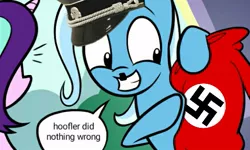 Size: 563x338 | Tagged: safe, artist:dori-to, deleted from derpibooru, derpibooru import, edit, starlight glimmer, trixie, pony, unicorn, clothes, female, grin, hat, hitler did nothing wrong, hitler moustache, hoof hold, hoofler, mare, meme, nazi, nazi hat, not salmon, pointing, smiling, swastika, sweater, trixie's hoodie edit, wat, wide eyes