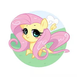 Size: 1200x1200 | Tagged: safe, artist:sugarberry, derpibooru import, fluttershy, chibi, cute, floating wings, heart eyes, looking at you, running, simple background, smiling, solo, white background, wingding eyes