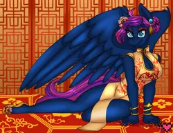 Size: 3850x2975 | Tagged: anthro, artist:ladypixelheart, bracelet, cheongsam, chinese new year, clothes, dead source, derpibooru import, dress, jewelry, lunar new year, nail polish, oc, oc:silohuette, pegasus, plantigrade anthro, safe, solo, unofficial characters only