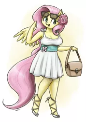 Size: 912x1280 | Tagged: anthro, arm hooves, artist:king-kakapo, breasts, cleavage, clothes, cute, derpibooru import, dress, female, flower, flower in hair, fluttershy, handbag, hoof hands, open mouth, safe, shyabetes, simple background, smiling, solo, spread wings, sundress, unguligrade anthro, unshorn fetlocks