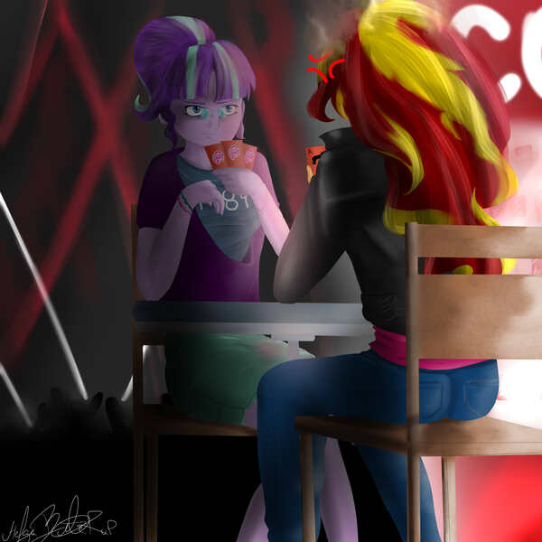 Size: 2700x2700 | Tagged: safe, artist:helgabuttercup, derpibooru import, starlight glimmer, sunset shimmer, equestria girls, chair, clothes, cross-popping veins, equestria girls-ified, playing card, signature, trading card game