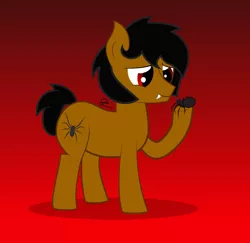 Size: 1494x1451 | Tagged: safe, artist:megabyte1835, derpibooru import, oc, oc:black poison, unofficial characters only, earth pony, pony, spider, fangs, gradient background, male, show accurate, smiling, stallion