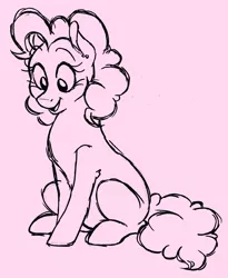 Size: 1539x1873 | Tagged: safe, artist:strangiesleepy, derpibooru import, pinkie pie, earth pony, pony, monochrome, pink background, simple background, sitting, smiling, solo