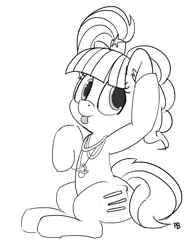 Size: 1280x1638 | Tagged: safe, artist:pabbley, derpibooru import, pacific glow, pinkie pie, covered cutie mark, disguise, monochrome, pinkie clone, simple background, sitting, solo, tongue out, white background